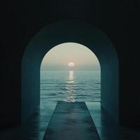 A tunnel leading to the ocean at sunset photo