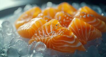 Salmon on ice with a slice of lemon photo