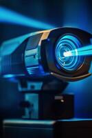 A projector with a blue light shining on it photo