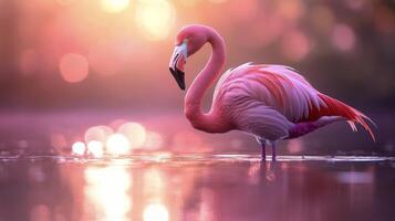 A pink flamingo standing in the water at sunset photo