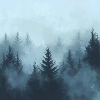 A painting of a forest with trees in the fog photo