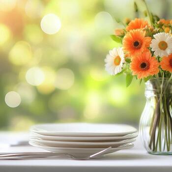 A vase of flowers and plates on a table photo