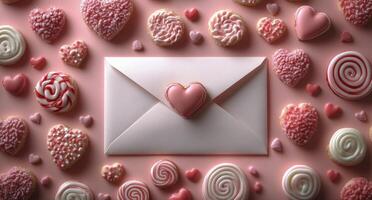 An envelope surrounded by cookies and hearts photo