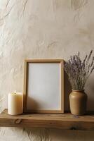Blank frame mockup on wooden shelf with lavender flowers photo
