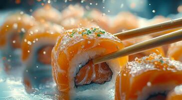 Sushi with chopsticks and salmon photo