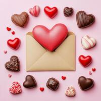 Valentine's day concept with envelope and heart on pink background photo