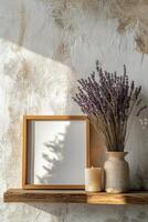 Mock up frame with lavender flowers on a shelf photo