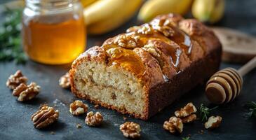 A loaf of banana bread with honey and nuts photo