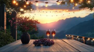A table with wine glasses and grapes on it photo