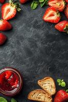 Strawberry jam with bread on black slate background top view photo
