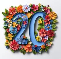 20th anniversary of the year of the flower, paper cut flowers, 3d illustration, isolated photo