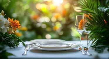 Table setting with flowers and glasses on a table photo