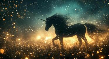 A unicorn is standing in the grass at night photo
