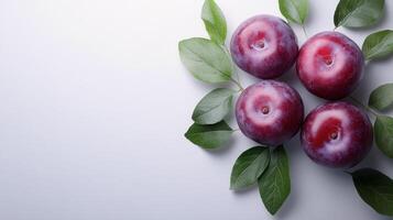 Plums with leaves on white background photo