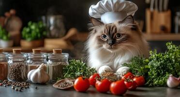 A cat wearing a chef hat sits next to a table with vegetables and spices photo
