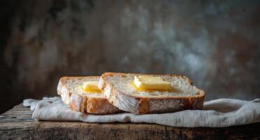 Two slices of bread with butter on a wooden table photo
