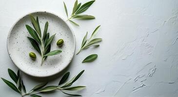 Olive branch and olive leaves on white background top view photo