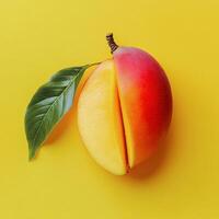 Mango cut in half on yellow background photo