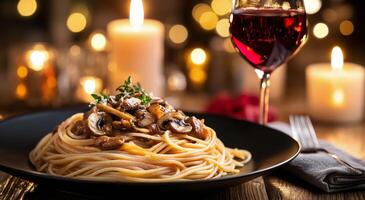 Spaghetti with mushrooms and meat on a black plate with a glass of red wine photo