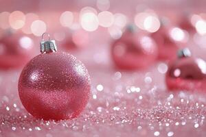 Pink christmas baubles on a pink background photo