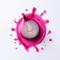 An onion is sitting on top of a pink liquid photo