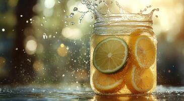 A jar filled with lemon slices and water photo