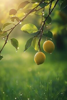 Lemon tree with two ripe lemons on a sunny day photo