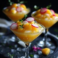 Mango and radish salad with a garnish of radishes photo