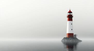 A lighthouse in the fog with a red and white top photo
