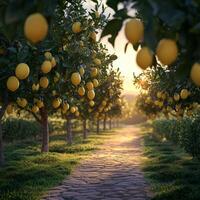 A path through a lemon grove with many lemons on the trees photo