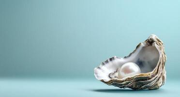 An open oyster with a pearl inside on a blue background photo