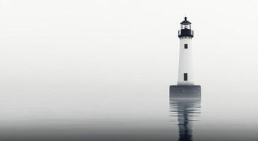 A black and white photo of a lighthouse in the fog