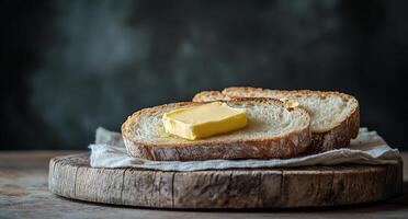 Butter on bread on a wooden table photo