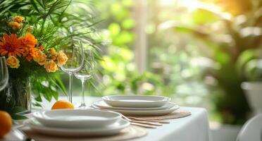 A table setting with white plates and glasses photo
