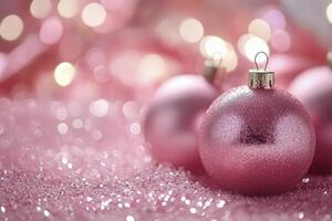 Pink christmas balls on a pink background photo