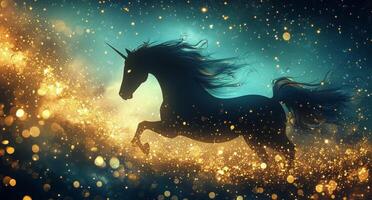 A unicorn is running in the night with stars photo