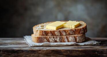 Butter on bread on wooden table photo