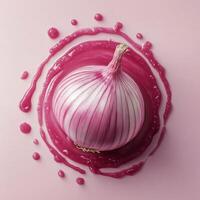 A pink onion is sitting on top of a pink background photo