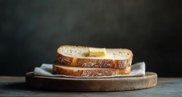 A slice of bread with butter on top of a wooden plate photo