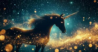 A unicorn is standing in the dark with stars photo