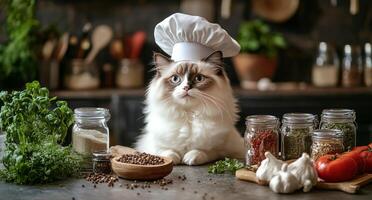 A cat wearing a chef hat sits on a table with spices and herbs photo