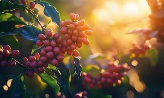 Coffee berries on a tree branch at sunset photo