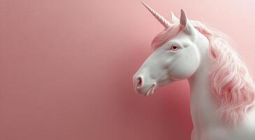 A white unicorn with pink mane is standing in front of a pink background photo