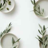 Olive branches and plates on white background photo