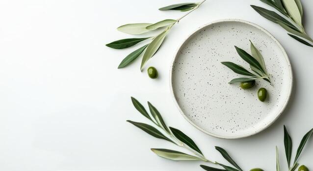 Olive branch and plate on white background top view photo
