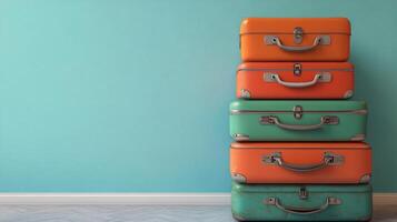 A stack of colorful suitcases against a blue wall photo