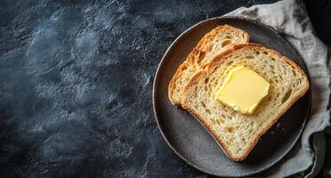 Butter on toast on a black plate photo