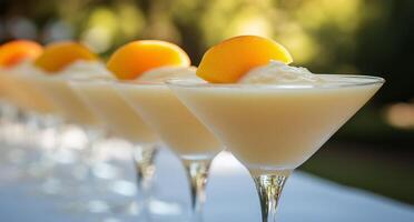 A line of martinis with fruit on top photo