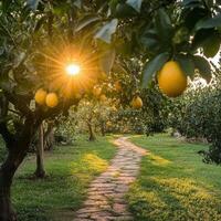 Lemon tree in the garden with path and sun photo