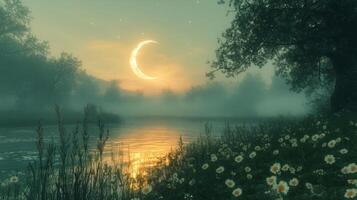 A crescent moon is seen over a river and grass photo